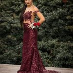 Illusion Cranberry Sequin Lace Evening Gown