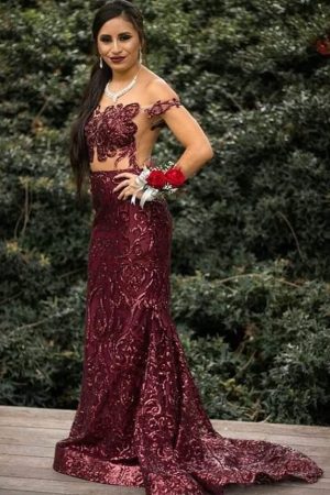 Illusion Cranberry Sequin Lace Evening Gown