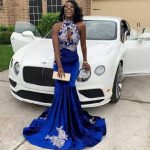 Sirian Blue Nyle Velvet Mermaid Halter Gown w Hand Sewn Gold Lace Appliqué