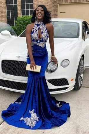 Sirian Blue Nyle Velvet Mermaid Halter Gown w Hand Sewn Gold Lace Appliqué